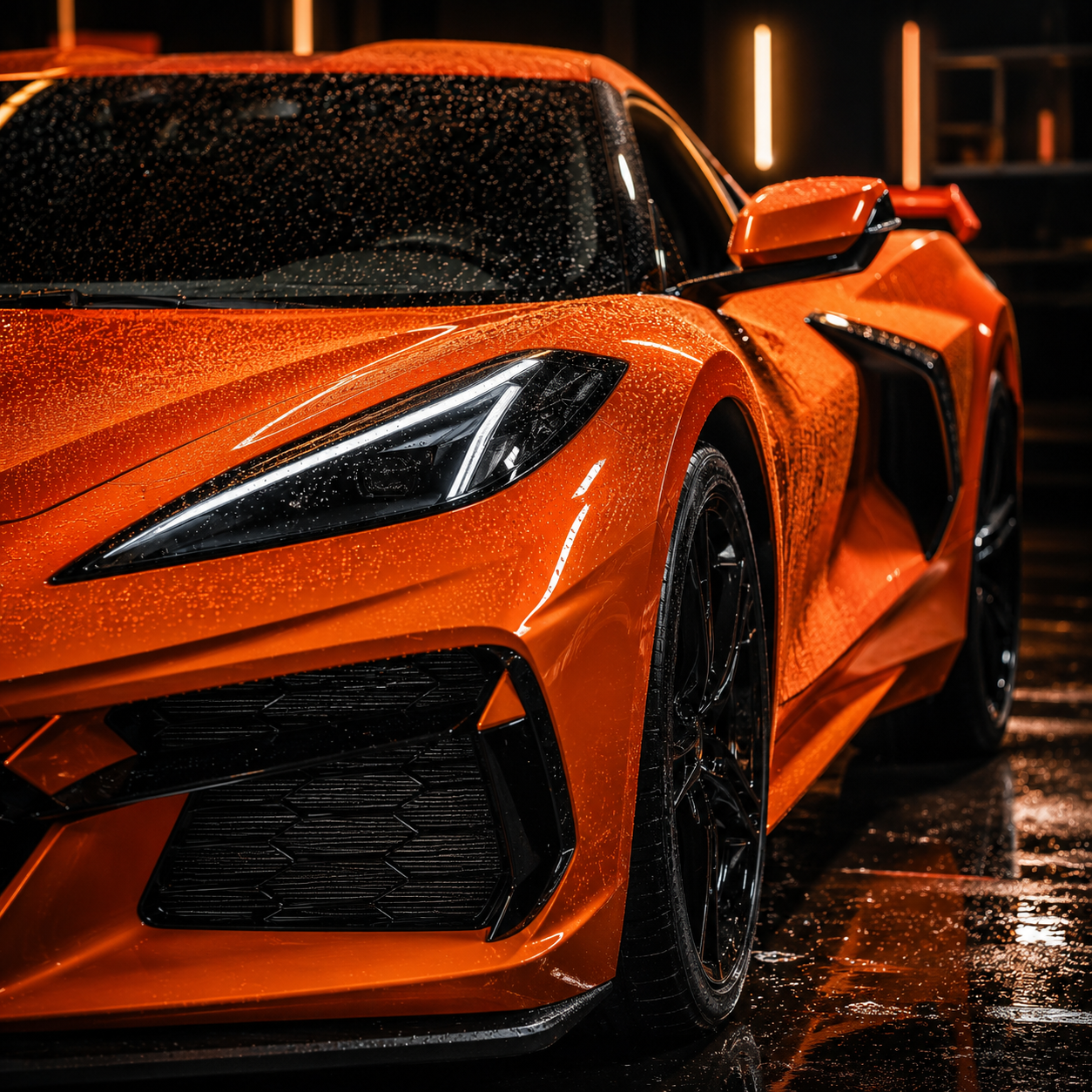 Representative image of an orange sports car with water beading after professional ceramic-coating protection