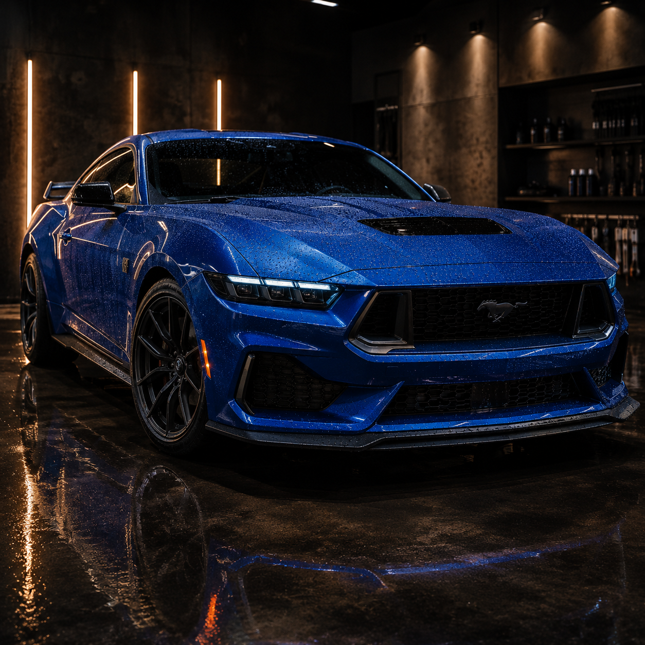 Representative image of a blue performance coupe after professional exterior detailing and wash-and-wax service