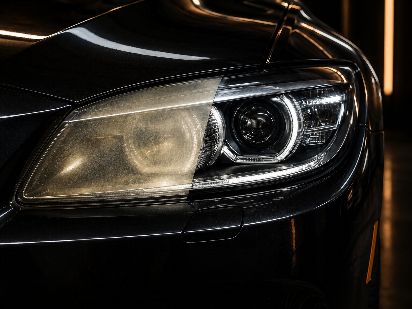 Representative before-and-after image showing a cloudy headlight lens beside a restored clear headlight lens