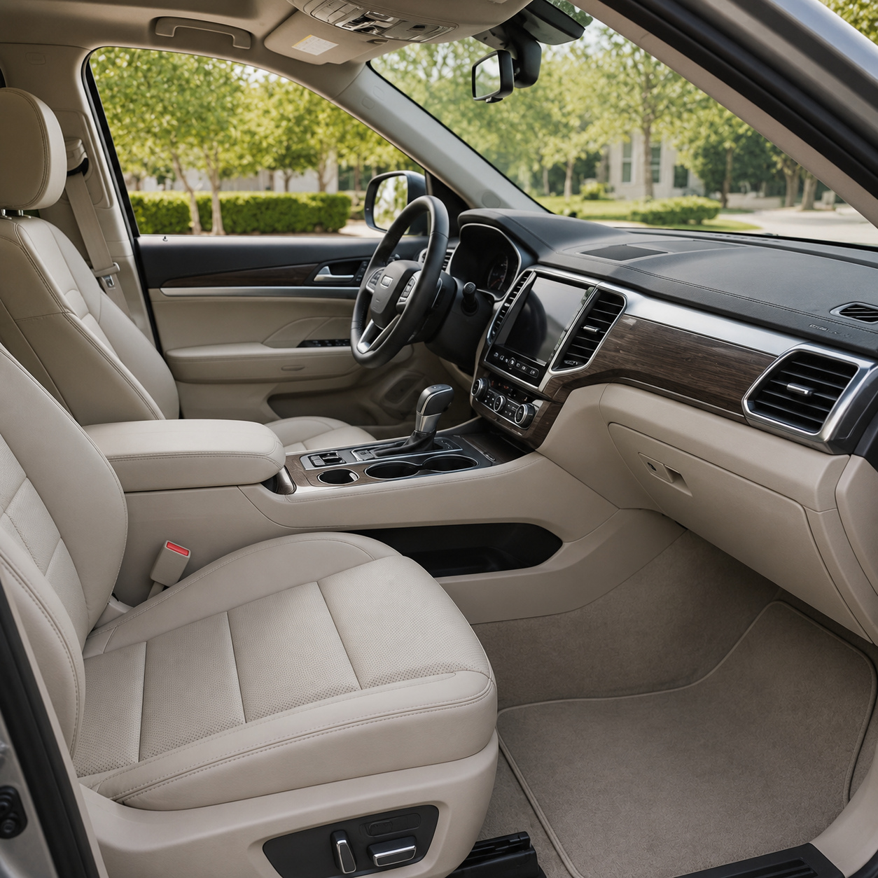 Representative image of a clean light-colored SUV interior after professional interior detailing