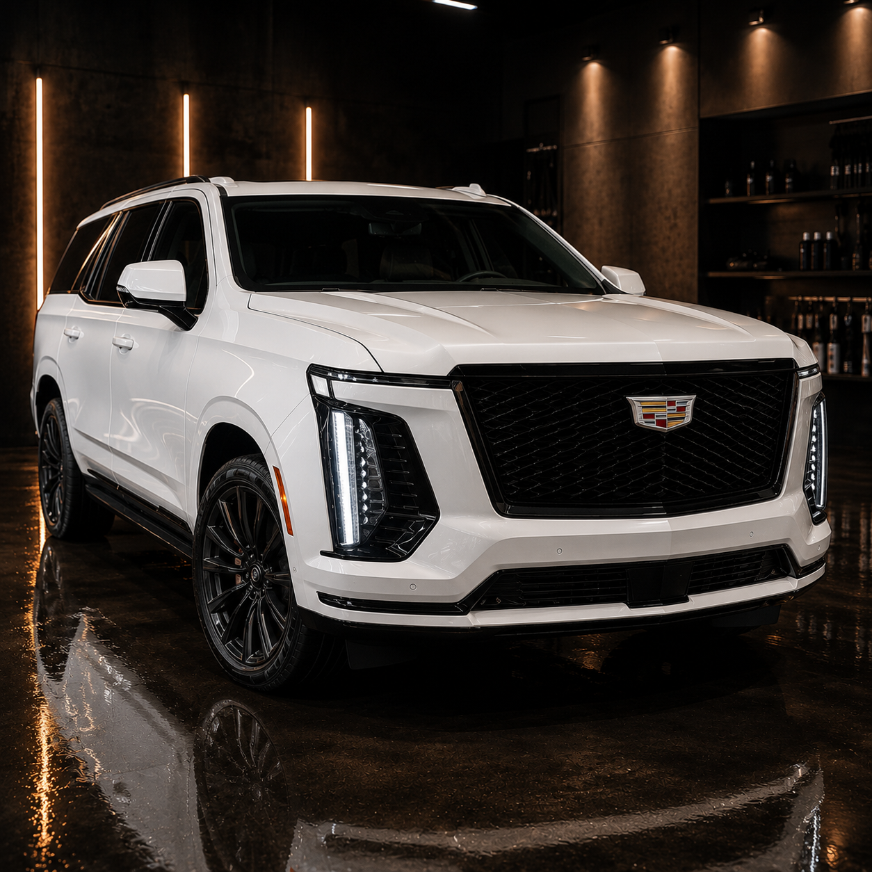 Representative image of a professionally detailed white luxury SUV prepared for dealership inventory presentation